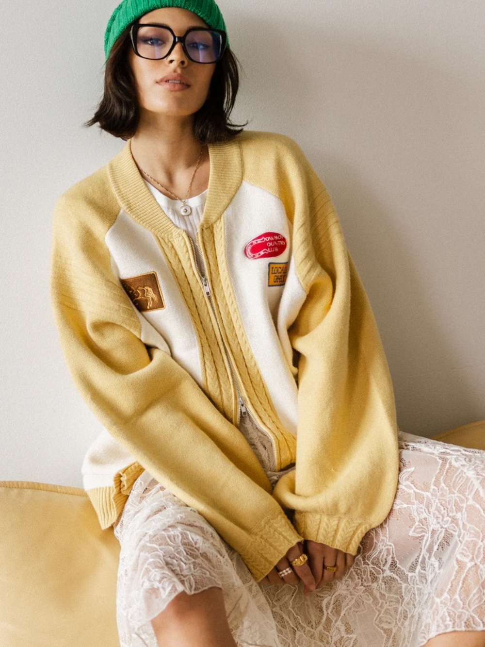 bohme Yellow and Cream Zip-Front Patch Sweater - Picture 4 of 13